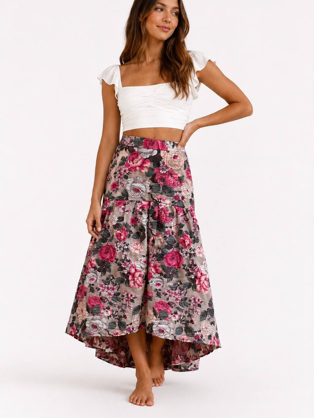 Badgley Mischka Pink Floral High-Low Maxi Skirt